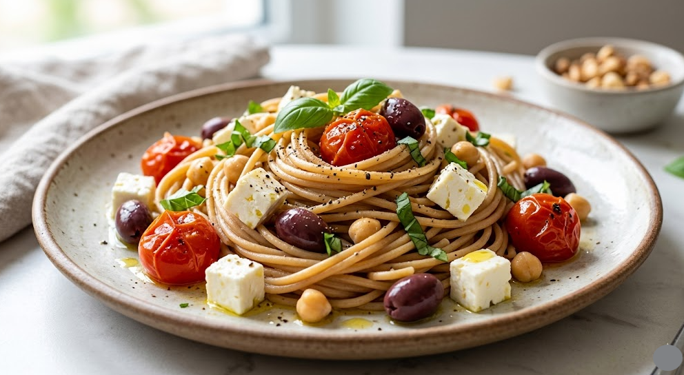 Plato de pasta mediterránea viral con tomates, feta, garbanzos y albahaca