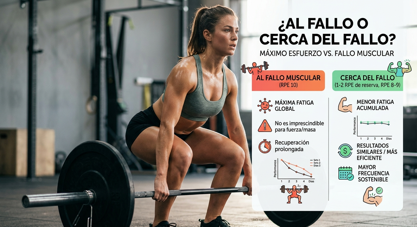 Infografía sobre fitness y musculación que muestra a una mujer preparándose para hacer peso muerto. Incluye un panel comparativo entre el entrenamiento al fallo muscular (RPE 10) y entrenar cerca del fallo (RPE 8-9), destacando que no es imprescindible llegar al límite: quedarse cerca del fallo aporta ganancias similares de masa muscular y fuerza, permitiendo una recuperación más rápida y sostenible."