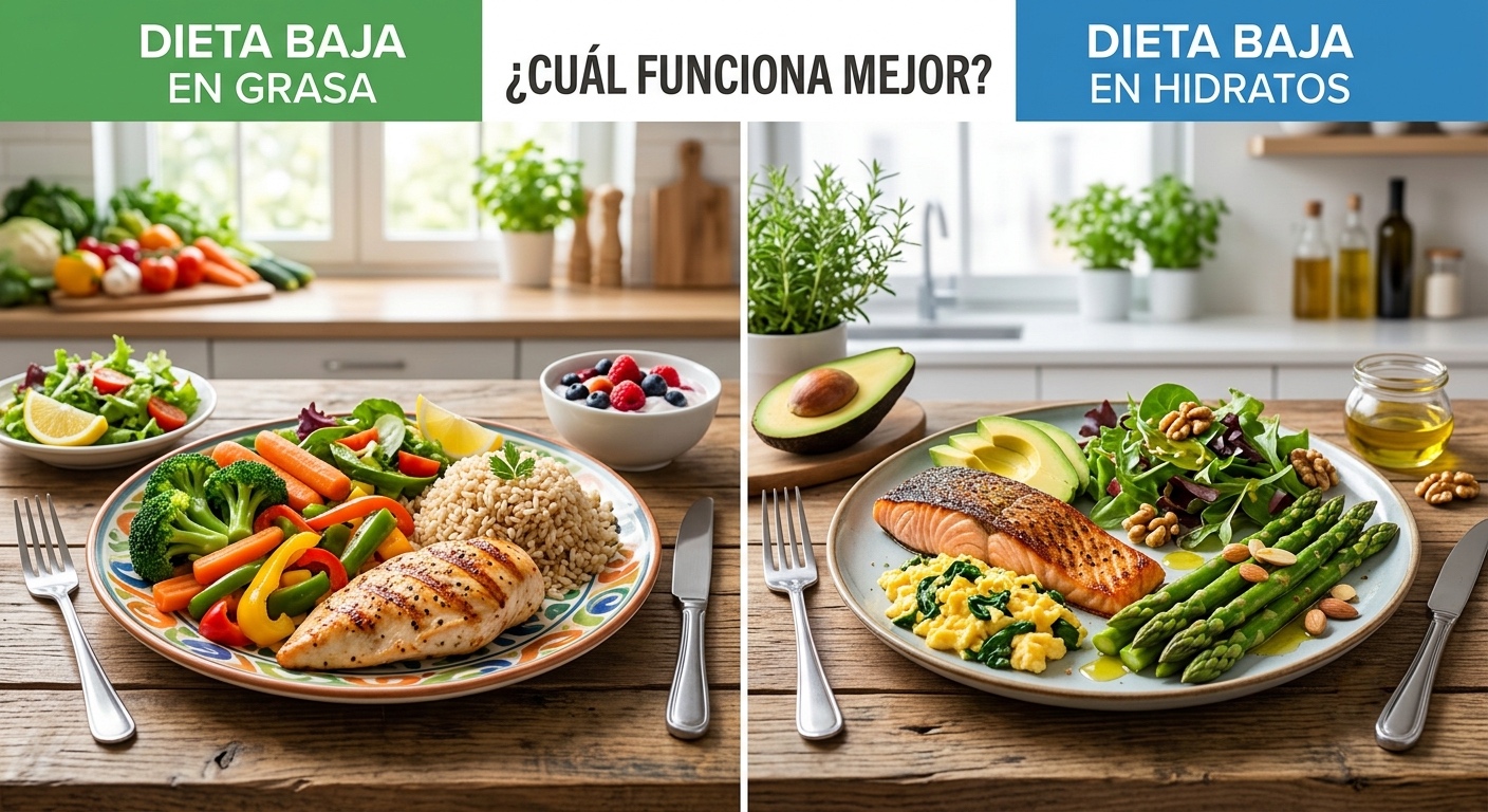 Imagen comparativa que muestra dos platos de comida. A la izquierda, bajo el título 'Dieta baja en grasa', un plato con pechuga de pollo a la plancha, arroz integral y verduras. A la derecha, bajo 'Dieta baja en hidratos', un plato con salmón, aguacate, huevos revueltos y espárragos. En el centro se lee la pregunta '¿Cuál funciona mejor?