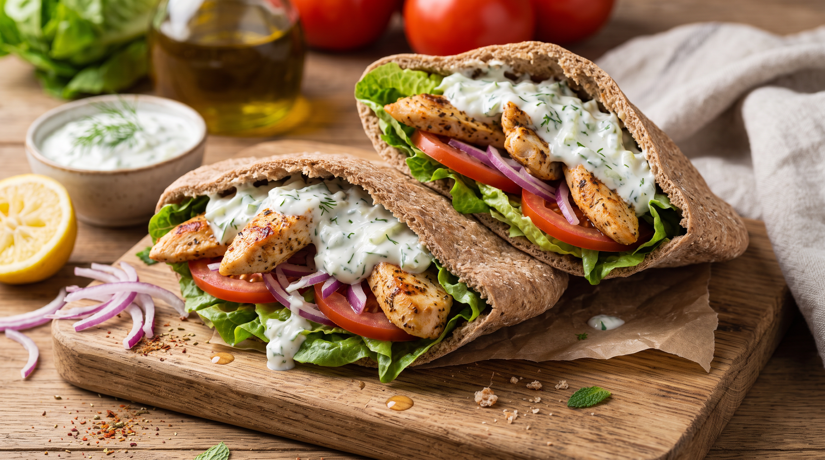 Pita integral rellena de pollo y tzatziki