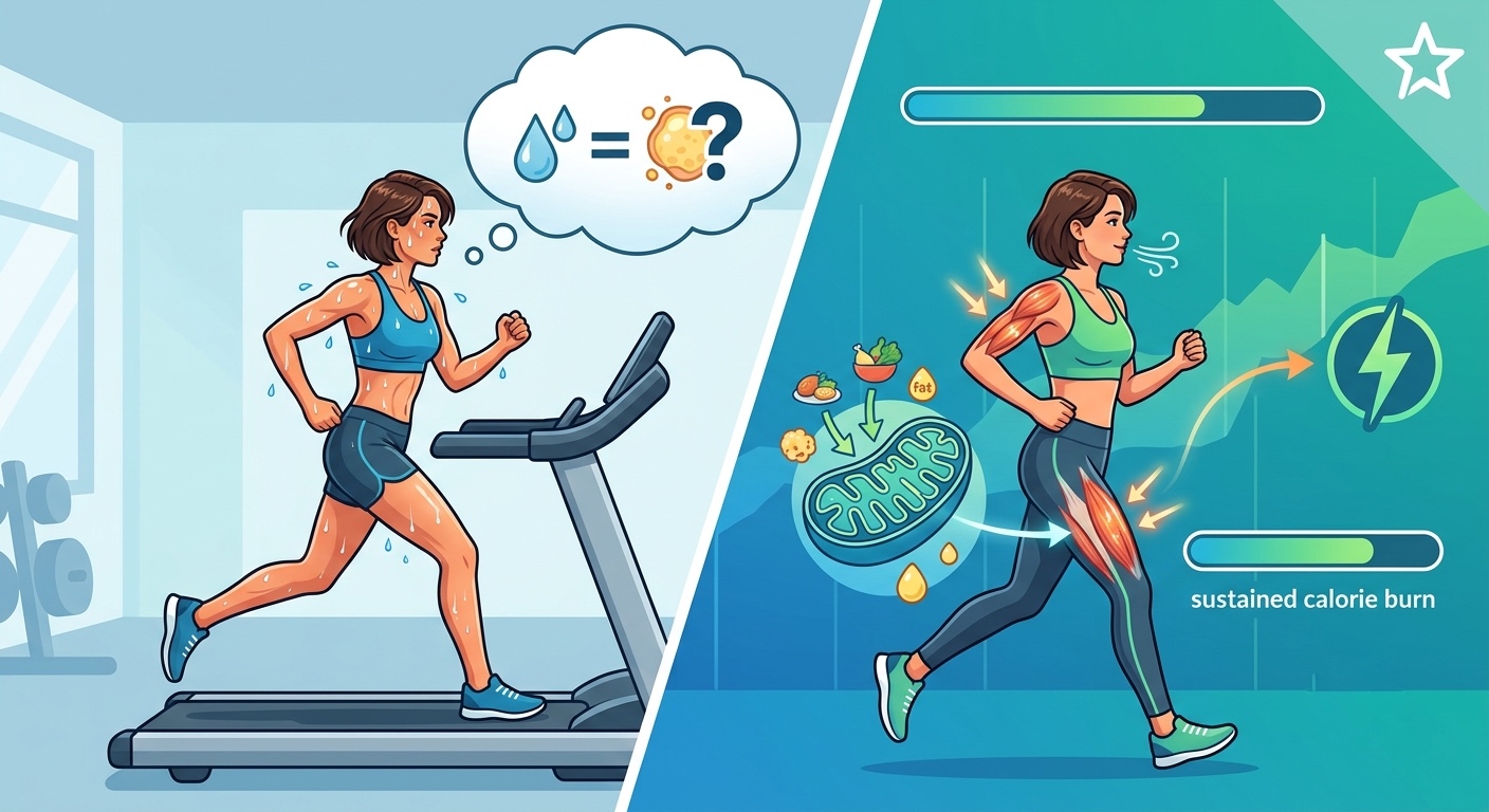 Ilustración comparativa que contrasta el mito de que sudar quema grasa con la ciencia real. A la izquierda, una mujer suda abundantemente en una cinta de correr preguntándose si el sudor equivale a grasa. A la derecha, gráficos científicos muestran el verdadero proceso metabólico de quema de calorías, energía y activación muscular al correr.
