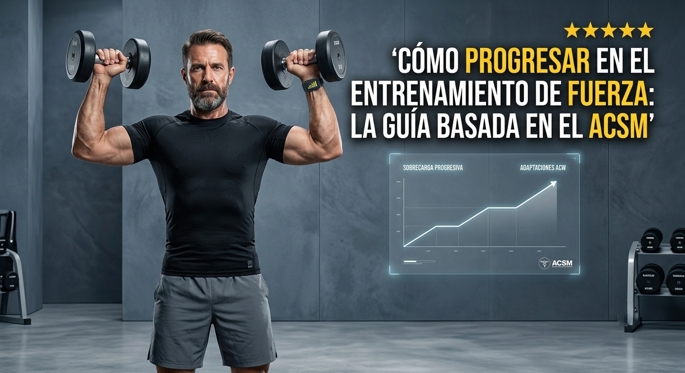 Hombre maduro realizando press de hombros con mancuernas en un gimnasio moderno. Imagen de portada para el artículo "Cómo progresar en el entrenamiento de fuerza: la guía basada en el ACSM